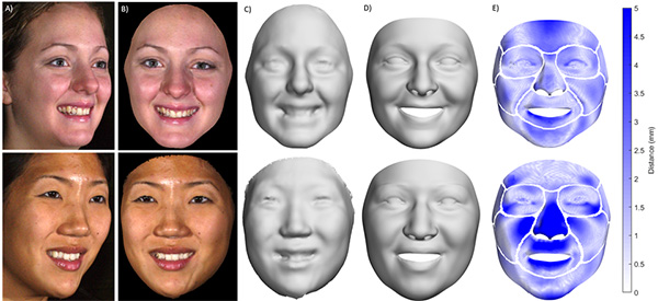 From and side views of 2D photos, along with a basel face model and a regional per-vertex Euclidean distance error.
