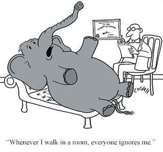 Comic, elephant says to psychiatrist: “Whenever I walk in a room, everyone ignores me.”