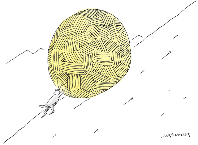 Comic, mouse pushing a ball of yarn up a hill