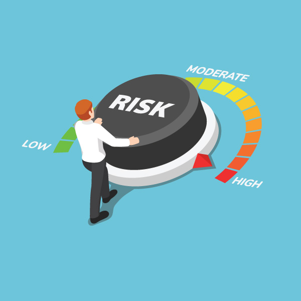 A person moves a risk wheel to the highest setting, indicating high risk.