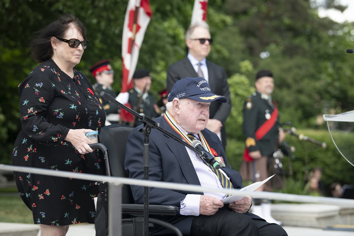 A elderly Canadian veteran in a wheelchair