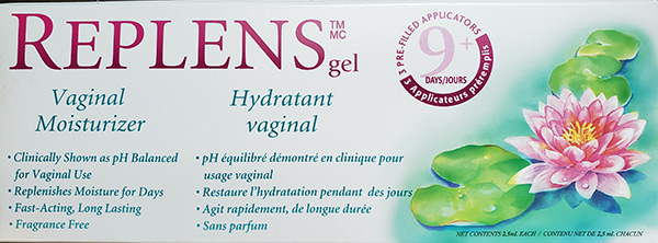 Replens TM gel. Vaginal Moisturizer. Clinically shown as pH balanced for Vaginal Use. Replenishes moisture for days. Fast-acting, long-lasting. Fragrance free. 3 pre-filled applicators. 9 days.