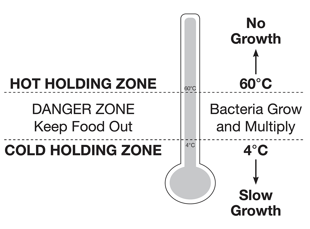 Diagram that shows the proper food handling temperatures. The hot holding zone, above 60 degrees celsius there is no growth. The cold holding zone, below 4 degrees celsius, there is slow growth. The danger zone, between 60 degrees celsius and 4 degrees celsius, is where bacteria grow and multiply, so it is important to keep food out of this temperature range.