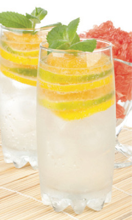 A tall glass of sparkling water with ice cubes and slices of lime and lemon, which fit perfectly into the glass. Looks refreshing, and somewhat Martha Stewart. A sprig of mint sits on top, and there's a piece of grapefruit in the background.