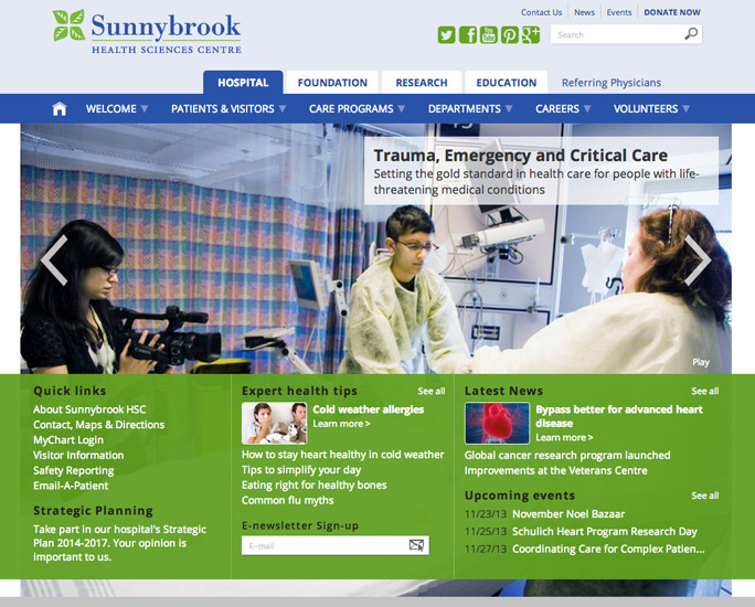 Screenshot of new Sunnybrook.ca homepage